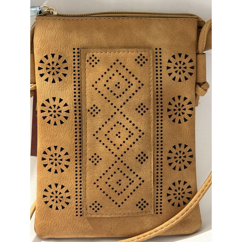 Alfa Bags Tan Laser Cut Crossbody Bag Small Faux Leather Purse NWT - Picture 2 of 11